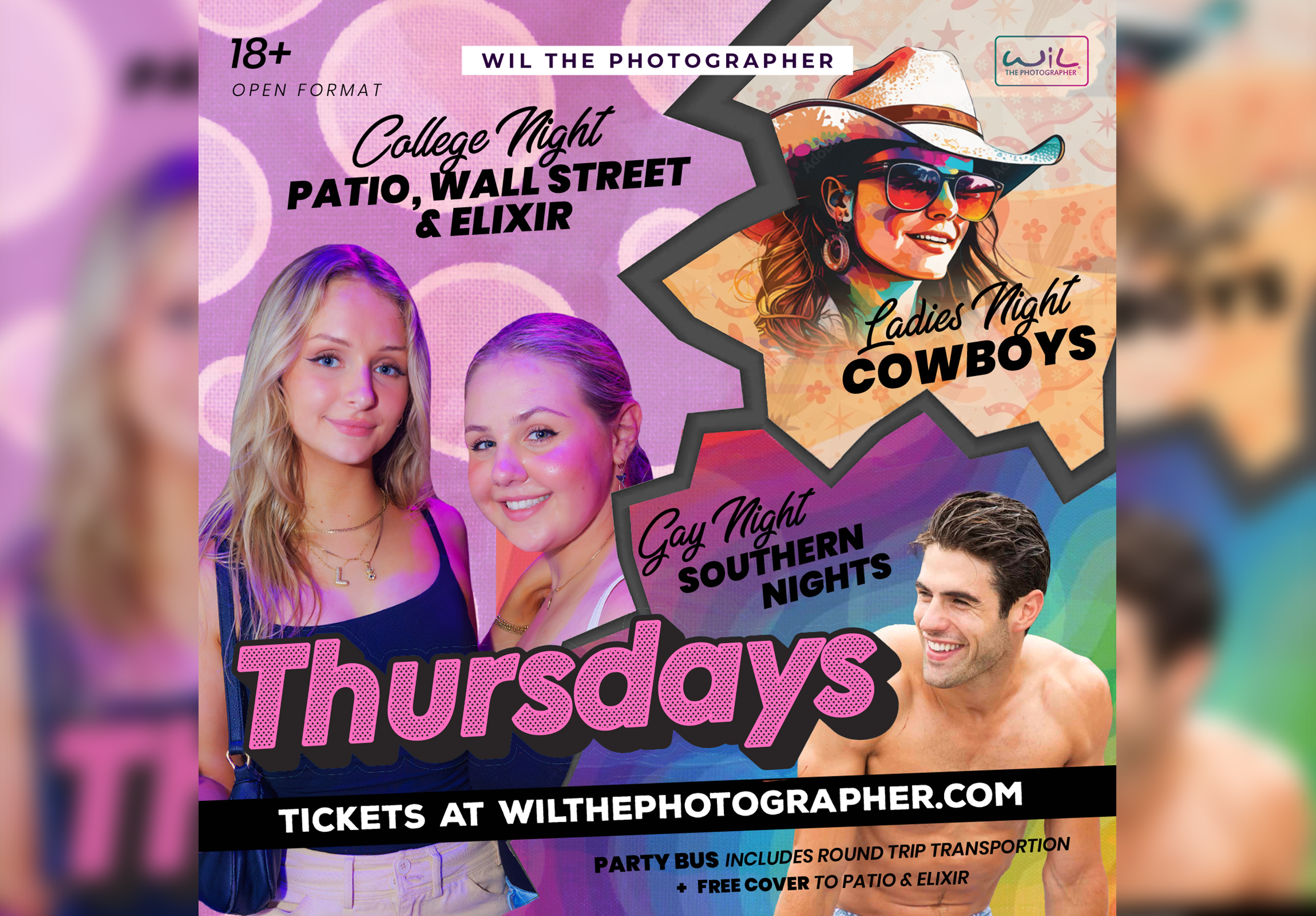 Early Pickup - Thursdays @ Patio, Cowboys, Southern Nights - Party Bus | 10:30pm west | 10:45pm East